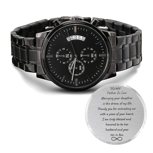 Father In Law Special Wedding Day Gift | To Father of the Bride, Grooms Gift to Dad | Black Chronograph Watch